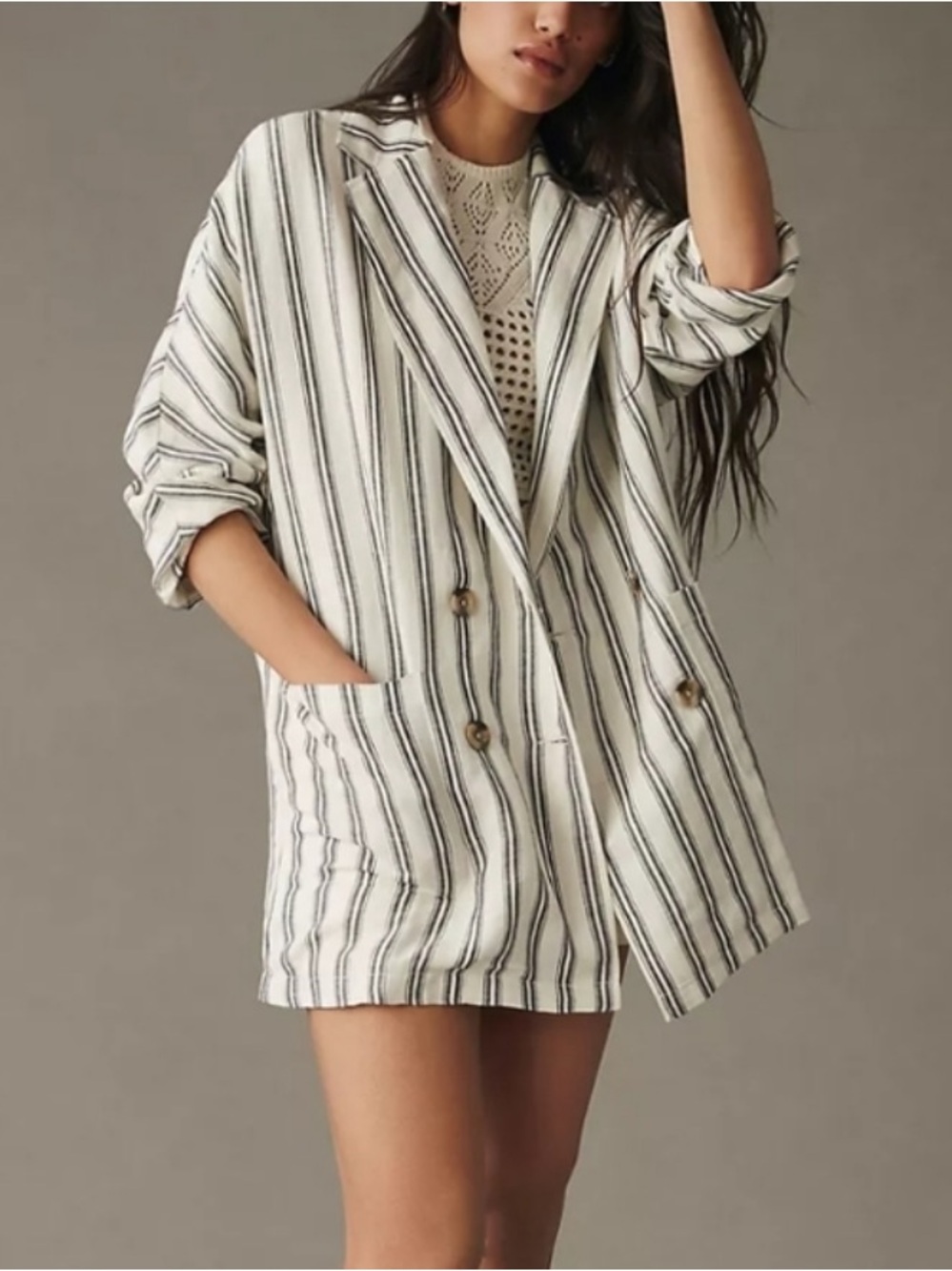 Anthropologie Pilcro Linen Oversized Stripe Blazer Size Medium M Sailor Nautical